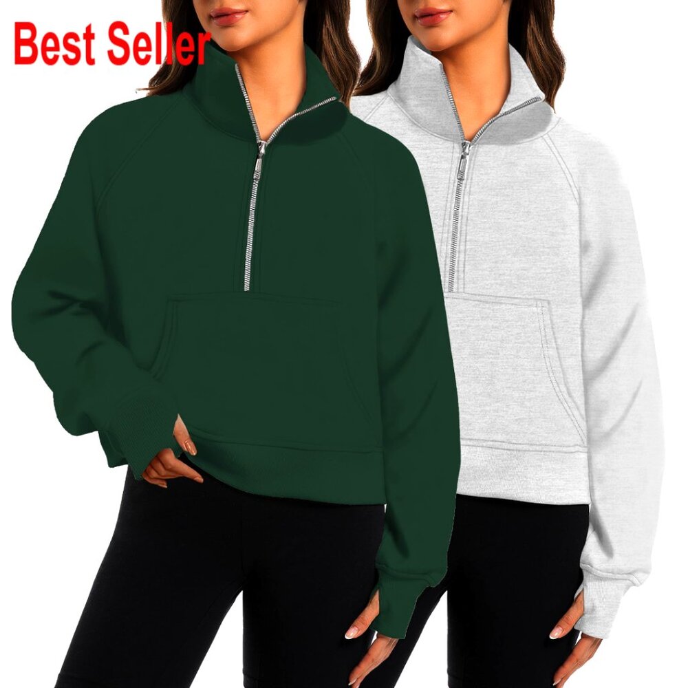 Women's Half Zip Cropped Pullover Fleece Hoodie With Thumb Holes And Pockets